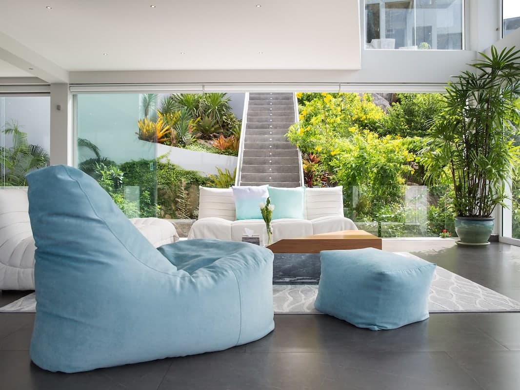 The living room of the seaview villa studio, open to the terrace